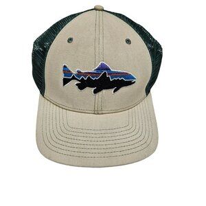 Patagonia Fitz Roy Trout Logo Trucker Hat Adjustable Snapback Cap Beige Green